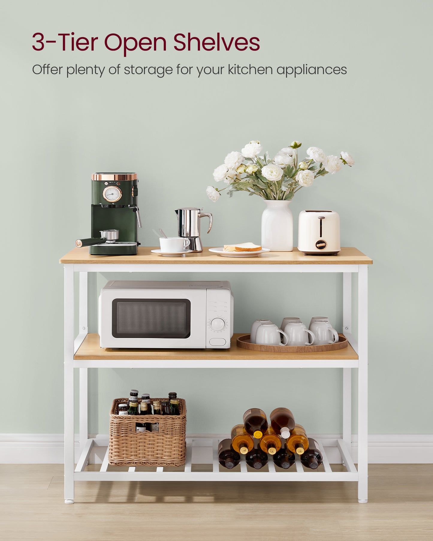 VASAGLE Kitchen Island with 3 Shelves, 39.4 Inches Kitchen Shelf with Large Worktop, Stable Steel Structure, Oak Color and White