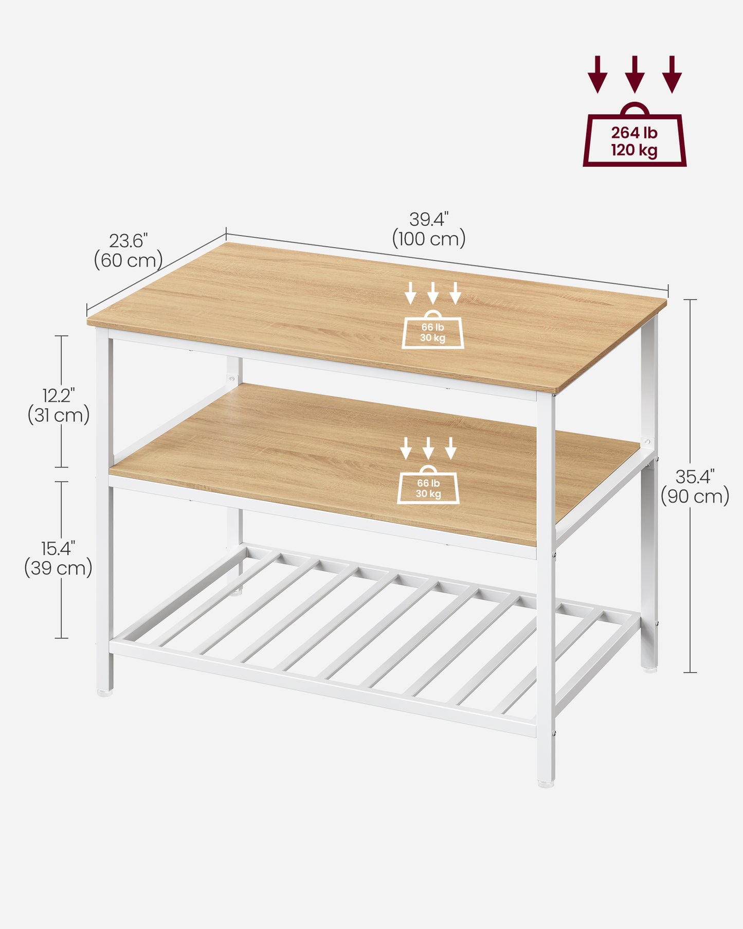 VASAGLE Kitchen Island with 3 Shelves, 39.4 Inches Kitchen Shelf with Large Worktop, Stable Steel Structure, Oak Color and White