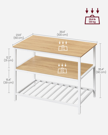 VASAGLE Kitchen Island with 3 Shelves, 39.4 Inches Kitchen Shelf with Large Worktop, Stable Steel Structure, Oak Color and White