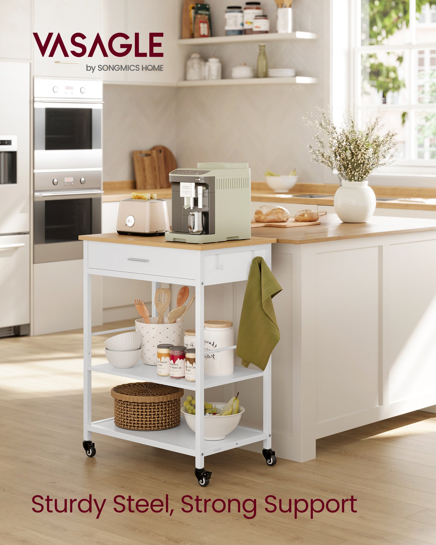 Kitchen Rolling Island Cart, 35.4" Mobile Kitchen Cart with Drawer, Adjustable Shelf & 2 Hooks, 4 Locking Wheels, 257 lb Capacity, for Small Spaces, Oak Beige & White