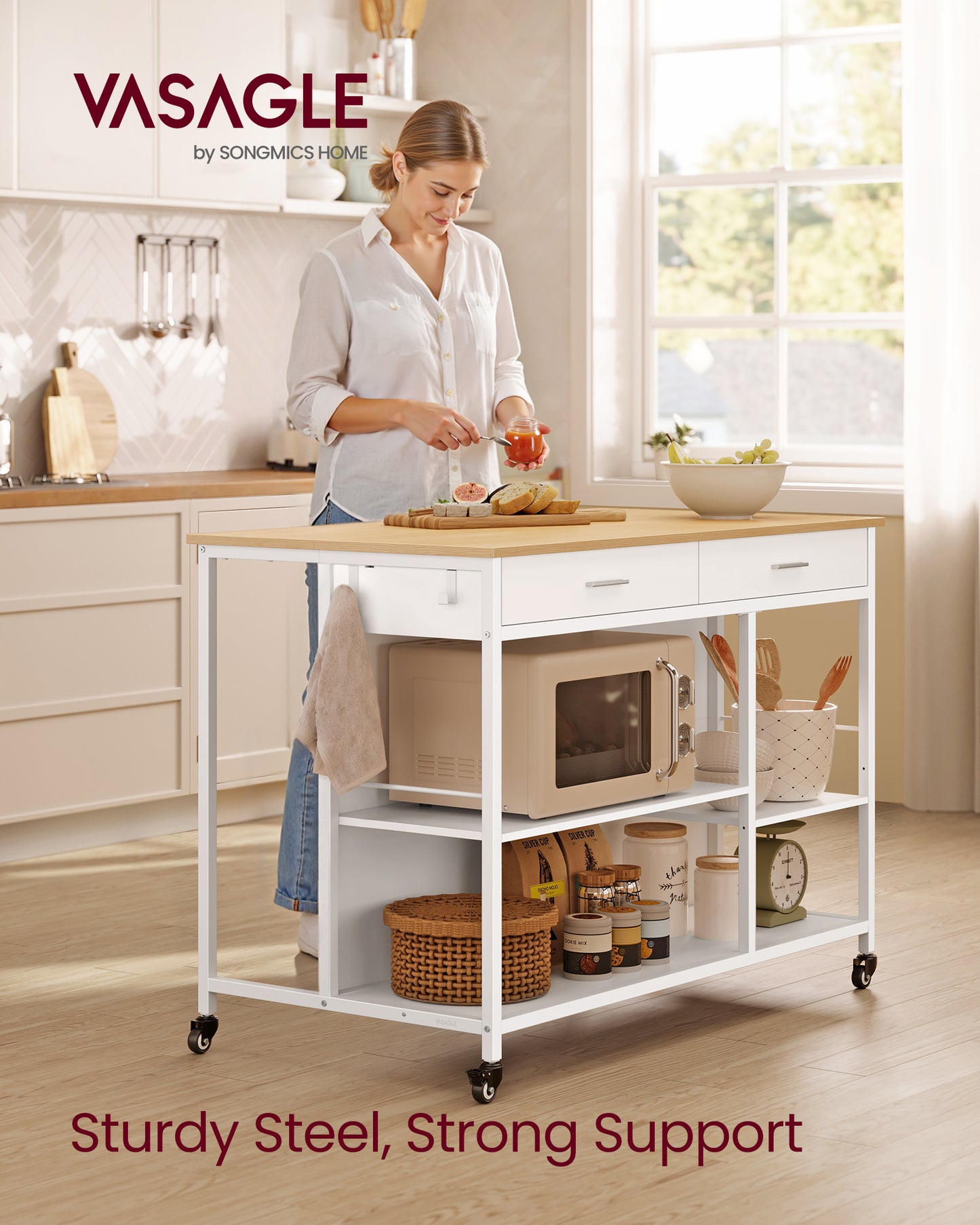 Kitchen Rolling Island Cart with 2 Drawers and Adjustable Shelves, 648 lb Capacity Mobile Workstation on Locking Wheels, 43.3" Wide, Beige and White