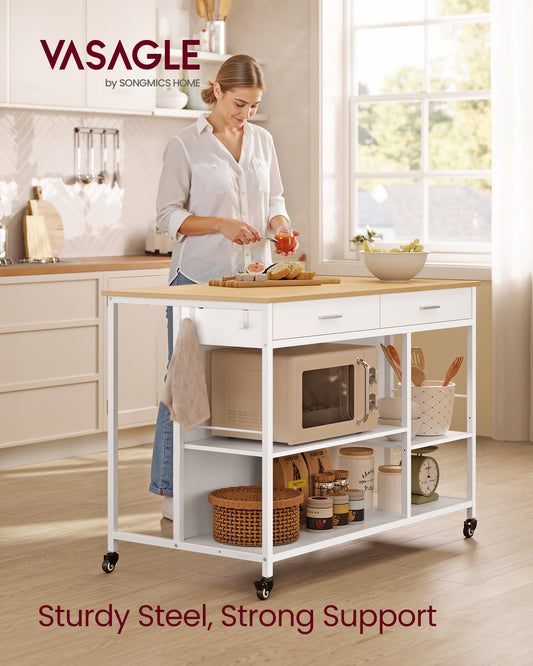Kitchen Rolling Island Cart with 2 Drawers and Adjustable Shelves, 648 lb Capacity Mobile Workstation on Locking Wheels, 43.3" Wide, Beige and White