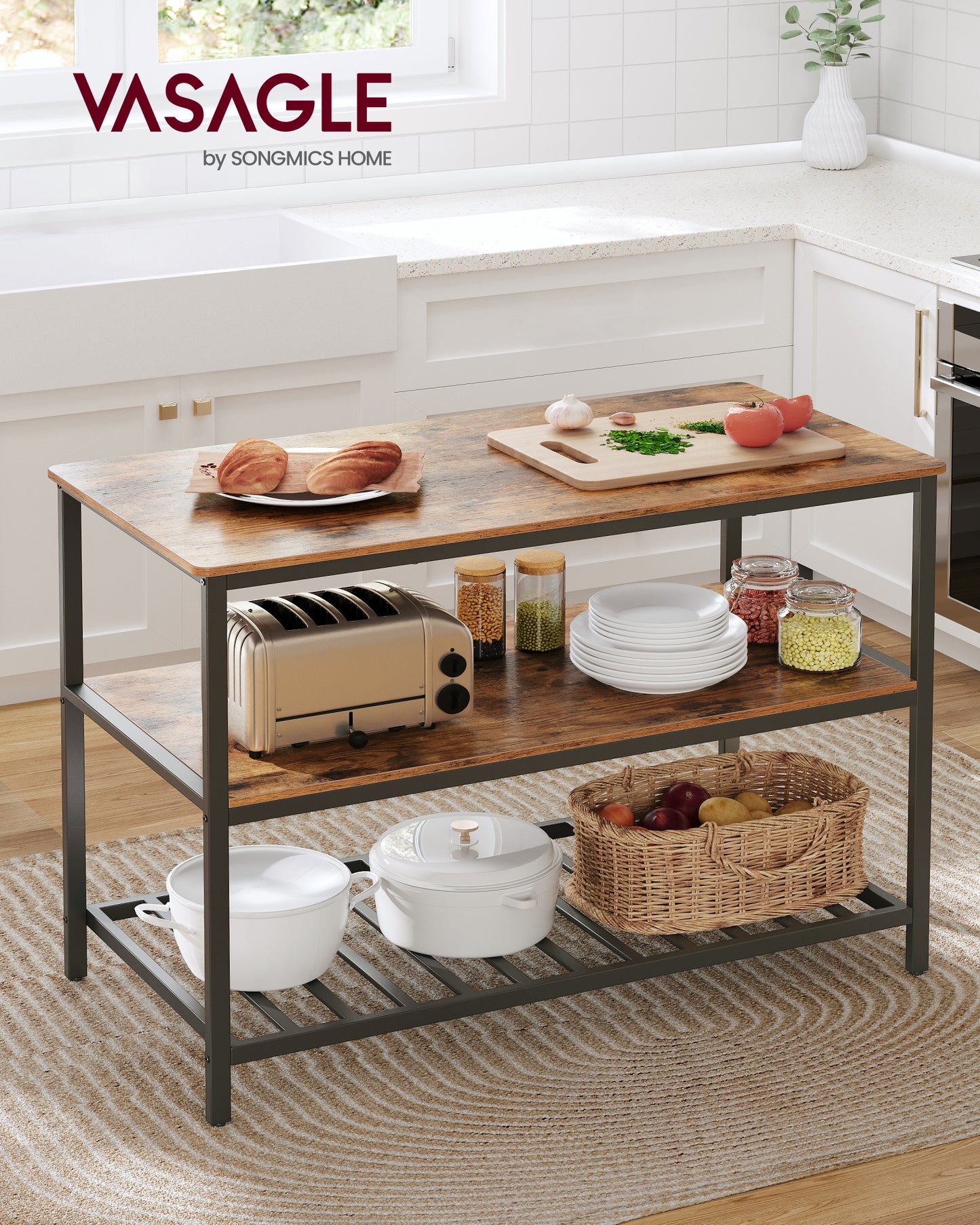 VASAGLE 3 Tier Kitchen Island, 47.2 Inches Kitchen Shelf with Large Worktop, Industrial, Easy to Assemble, Rustic Brown and Black