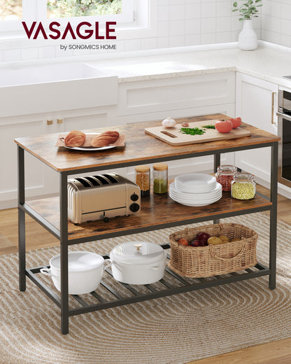 VASAGLE 3 Tier Kitchen Island, 47.2 Inches Kitchen Shelf with Large Worktop, Industrial, Easy to Assemble, Rustic Brown and Black