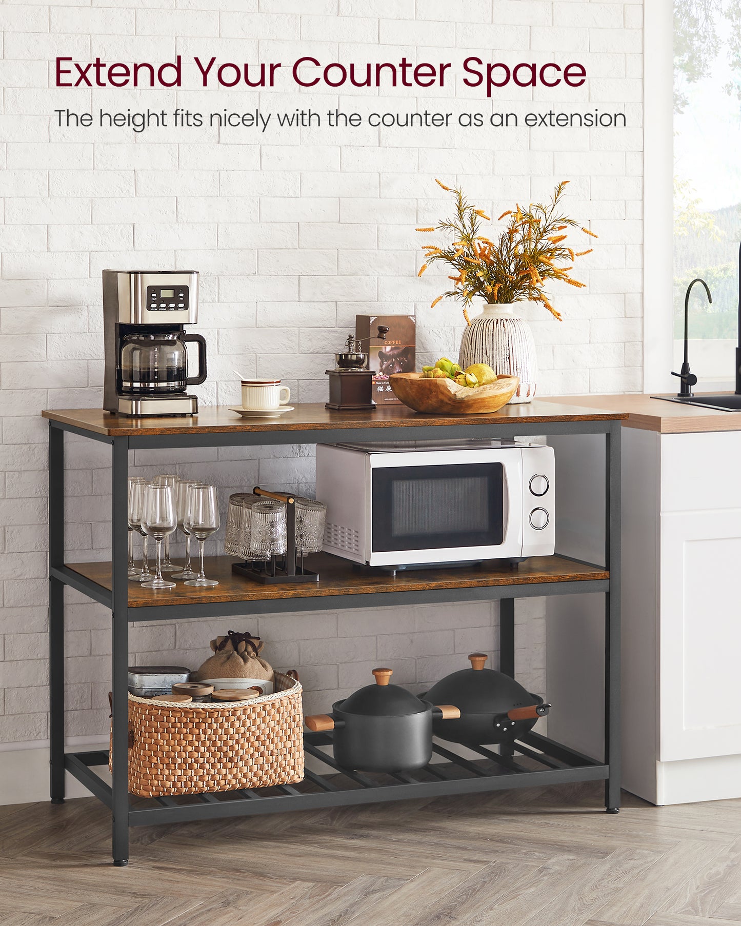 VASAGLE 3 Tier Kitchen Island, 47.2 Inches Kitchen Shelf with Large Worktop, Industrial, Easy to Assemble, Rustic Brown and Black