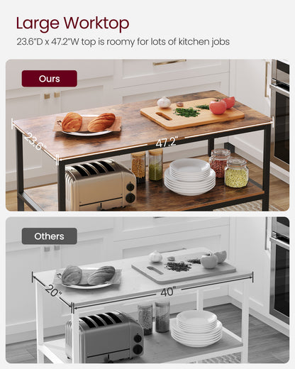 VASAGLE 3 Tier Kitchen Island, 47.2 Inches Kitchen Shelf with Large Worktop, Industrial, Easy to Assemble, Rustic Brown and Black
