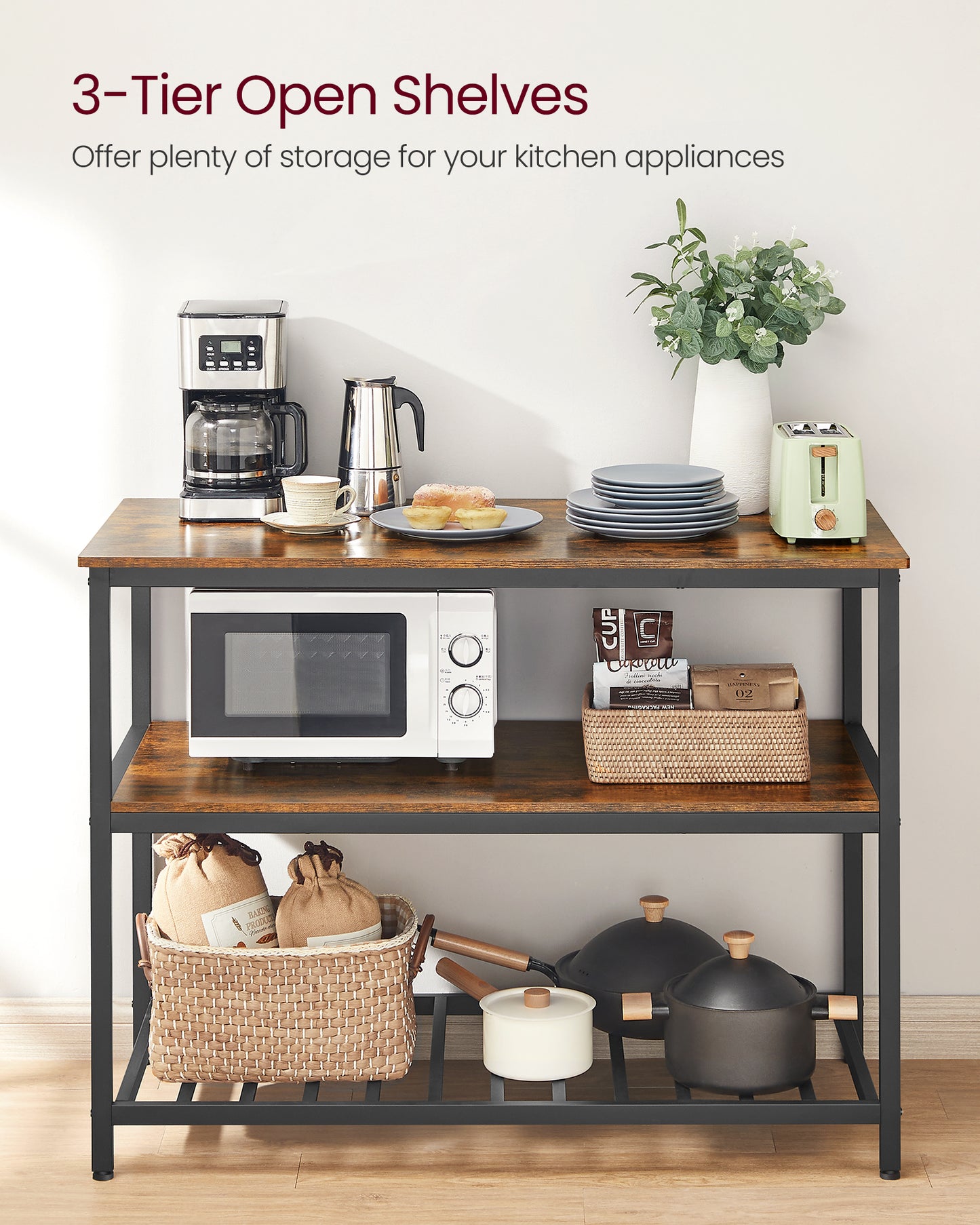 VASAGLE 3 Tier Kitchen Island, 47.2 Inches Kitchen Shelf with Large Worktop, Industrial, Easy to Assemble, Rustic Brown and Black