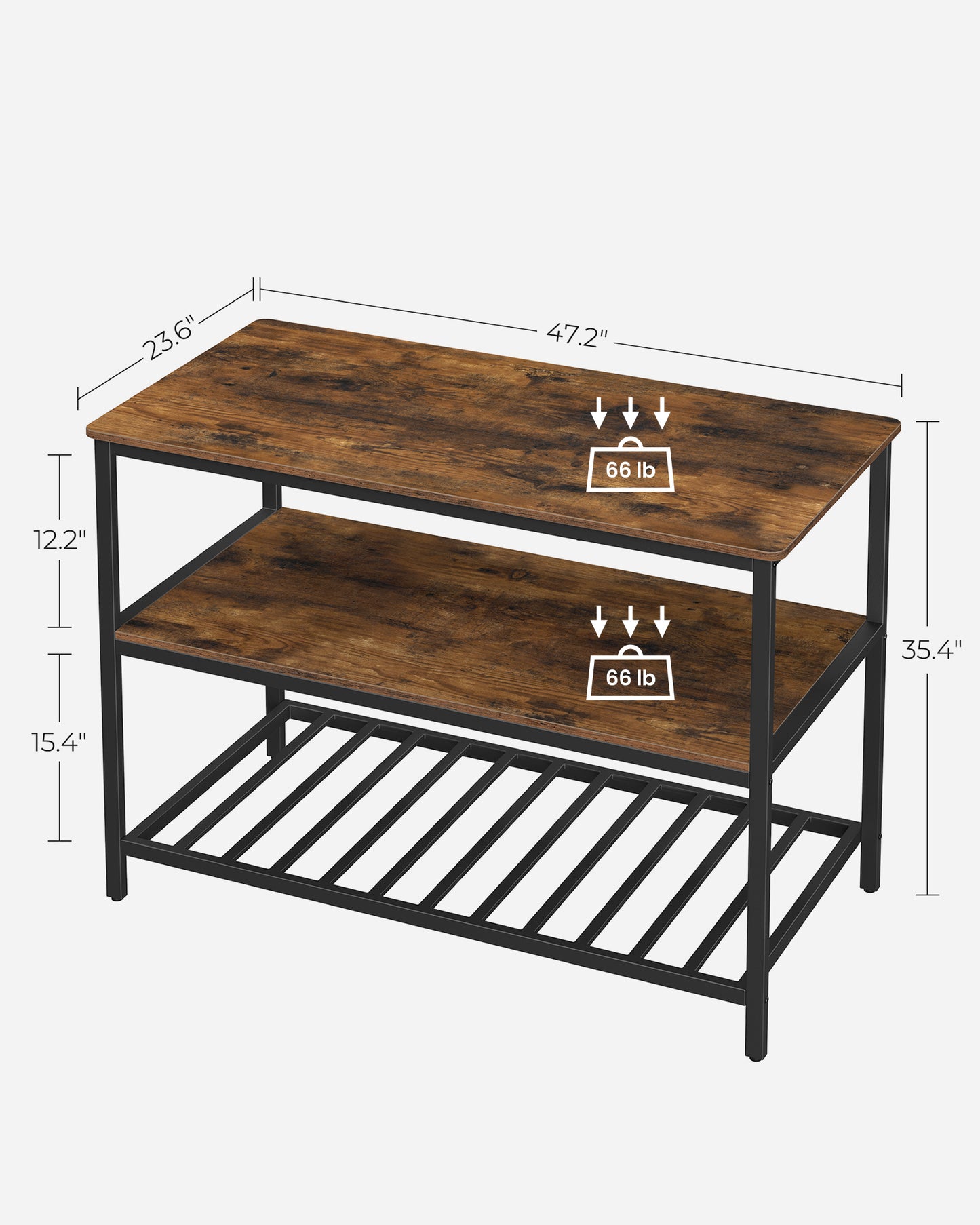 VASAGLE 3 Tier Kitchen Island, 47.2 Inches Kitchen Shelf with Large Worktop, Industrial, Easy to Assemble, Rustic Brown and Black