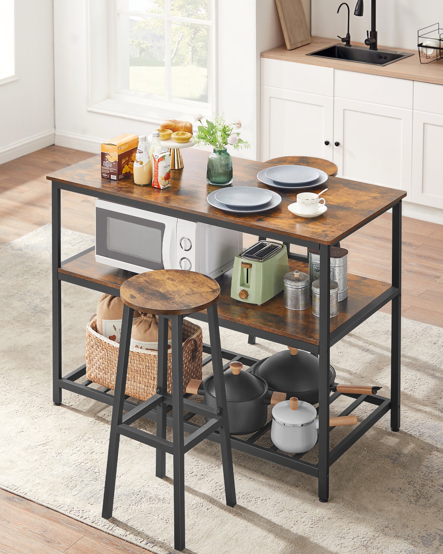 VASAGLE 3 Tier Kitchen Island, 47.2 Inches Kitchen Shelf with Large Worktop, Industrial, Easy to Assemble, Rustic Brown and Black