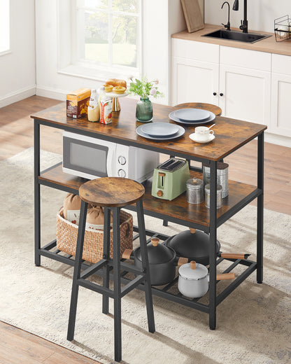 VASAGLE 3 Tier Kitchen Island, 47.2 Inches Kitchen Shelf with Large Worktop, Industrial, Easy to Assemble, Rustic Brown and Black