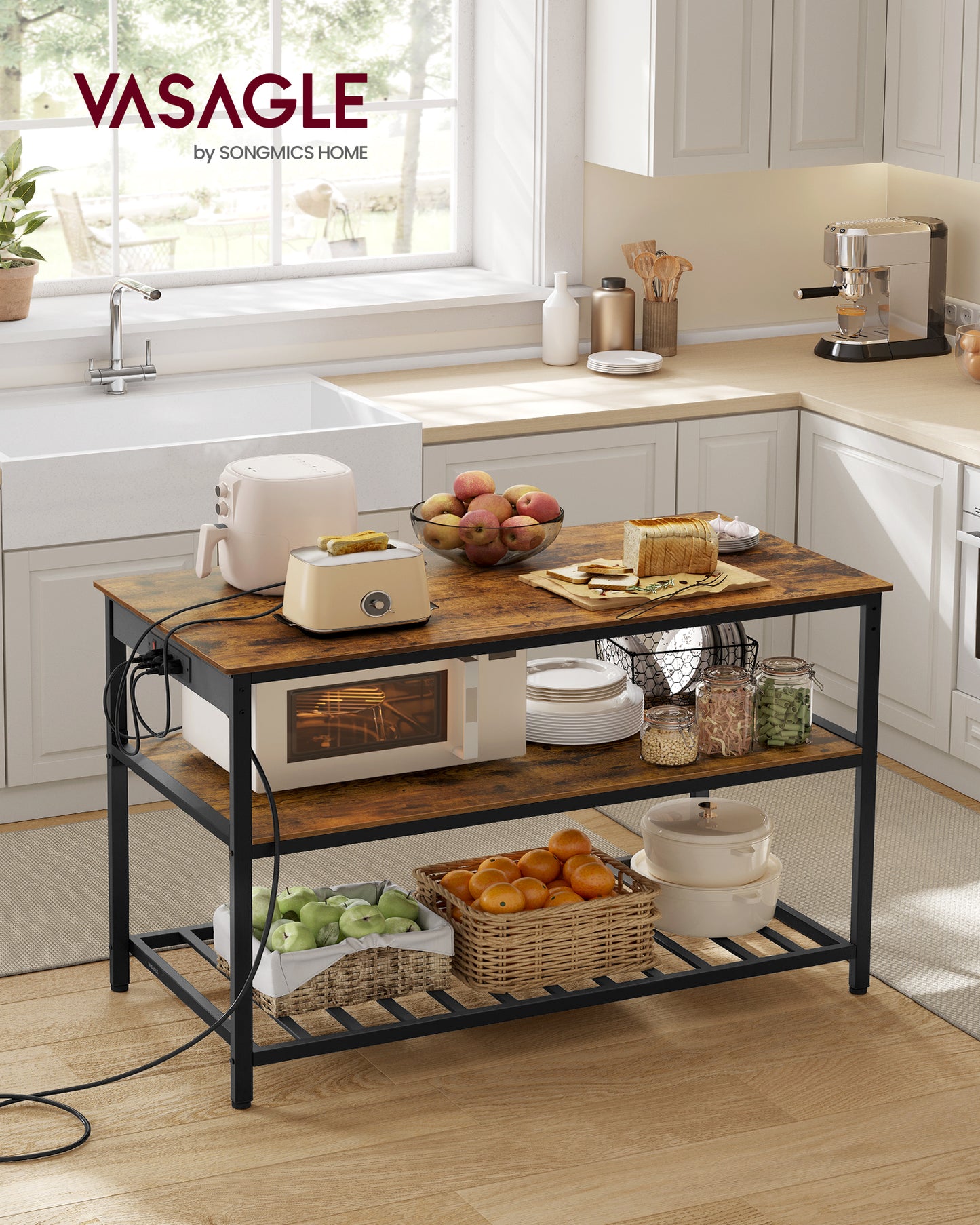 Kitchen Island with 3 Shelves, 47.2 Inches Width Kitchen Shelf with Power Strip, Large Worktop, Stable Steel Structure, Industrial, Easy to Assemble