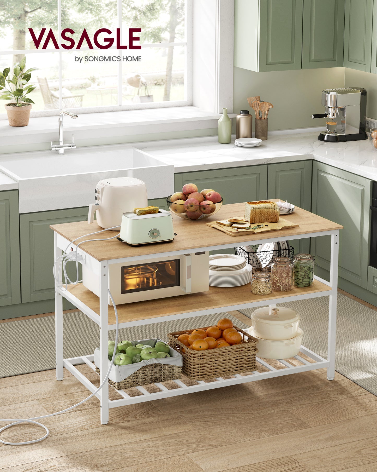 Kitchen Island with 3 Shelves, 47.2 Inches Width Kitchen Shelf with Power Strip, Large Worktop, Stable Steel Structure, Industrial, Easy to Assemble