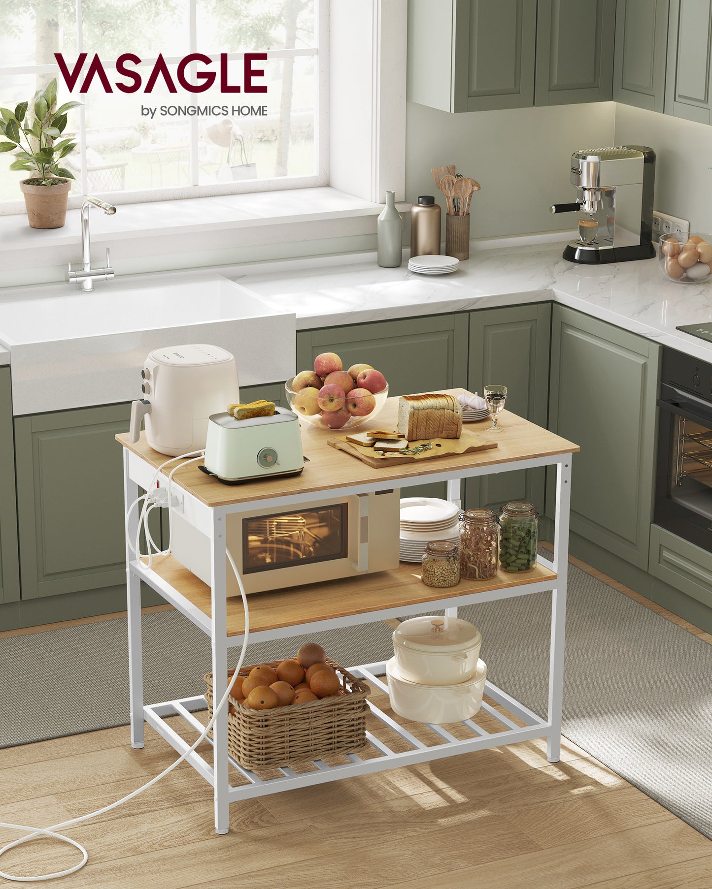 Kitchen Island with 3 Shelves, 39.4 Inches Width Kitchen Shelf with Power Strip, Large Worktop, Stable Steel Structure, Industrial, Easy to Assemble