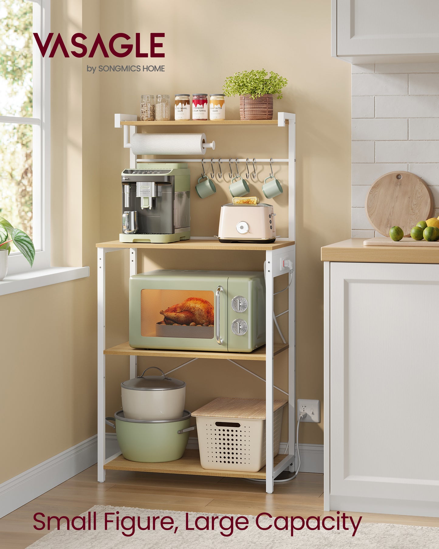 4-Tier Kitchen Bakers Rack with Built-in Power Strip, 2 Outlets & Adjustable Shelf, Microwave Stand with 8 Hooks, Golden Oak and Cloud White