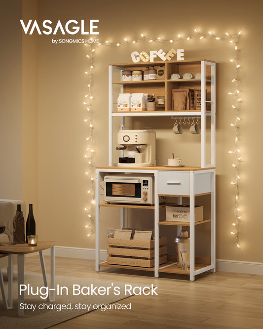 Bakers Rack with Charging Station, Coffee Bar with Adjustable Storage Shelves, Fabric Drawer, 12 Hooks, 15.7 x 31.5 x 71 Inches, Kitchen Microwave Stand, Golden Oak and Cloud White