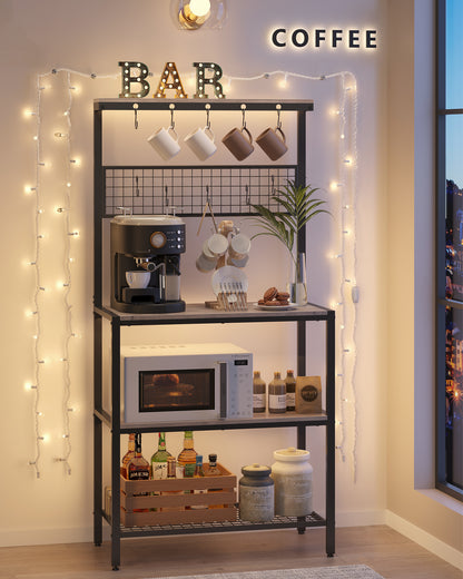 VASAGLE Kitchen Bakers Rack Coffee Bar Storage Shelf Island Rack Microwave Stand with 10 Hooks 3 Shelves Greige and Black