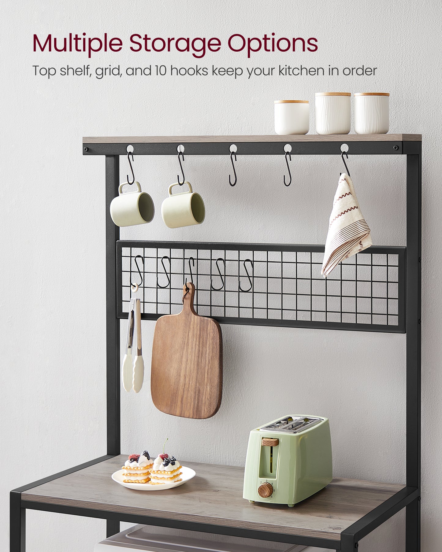 VASAGLE Kitchen Bakers Rack Coffee Bar Storage Shelf Island Rack Microwave Stand with 10 Hooks 3 Shelves Greige and Black