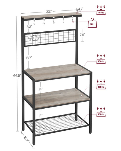 VASAGLE Kitchen Bakers Rack Coffee Bar Storage Shelf Island Rack Microwave Stand with 10 Hooks 3 Shelves Greige and Black
