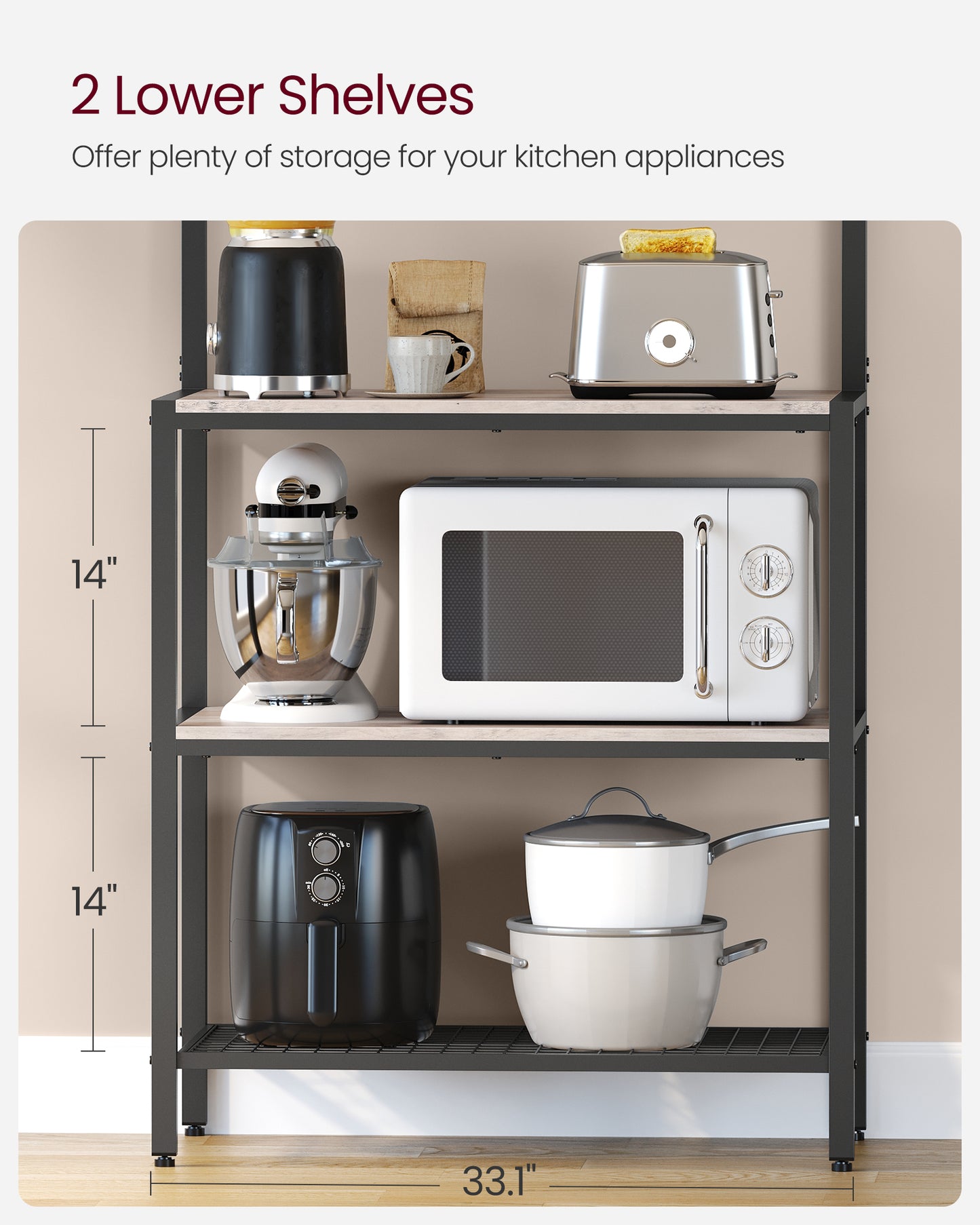 VASAGLE Kitchen Bakers Rack Coffee Bar Storage Shelf Island Rack Microwave Stand with 10 Hooks 3 Shelves Greige and Black