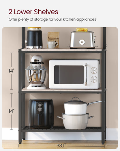 VASAGLE Kitchen Bakers Rack Coffee Bar Storage Shelf Island Rack Microwave Stand with 10 Hooks 3 Shelves Greige and Black