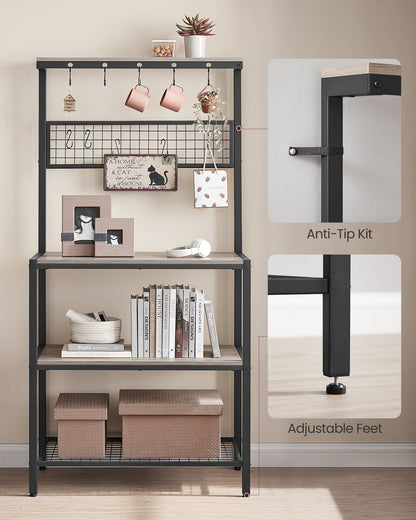 VASAGLE Kitchen Bakers Rack Coffee Bar Storage Shelf Island Rack Microwave Stand with 10 Hooks 3 Shelves Greige and Black