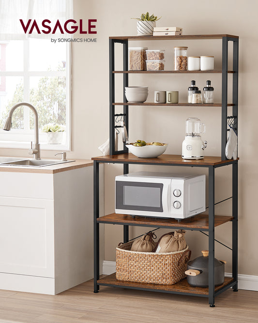 Bakers Rack for Kitchen, 6-Tier Kitchen Shelves with 6 Hooks, Microwave Stand, Industrial, Rustic Brown and Black