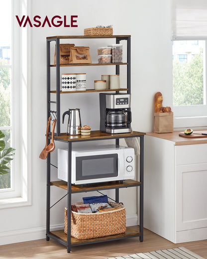 Coffee Bar, Bakers Rack for Kitchen with Storage, 6-Tier Kitchen Shelves with 6 Hooks, Microwave Stand, Industrial, Rustic Brown and Black