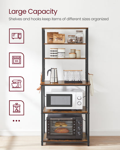 VASAGLE Baker's Rack Microwave Oven Stand Kitchen Tall Utility Storage Shelf 6 Hooks and Metal Frame Rustic Brown and Black