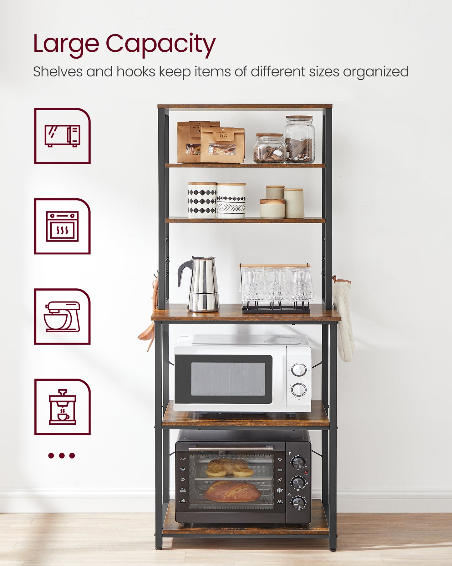 Coffee Bar, Bakers Rack for Kitchen with Storage, 6-Tier Kitchen Shelves with 6 Hooks, Microwave Stand, Industrial, Rustic Brown and Black