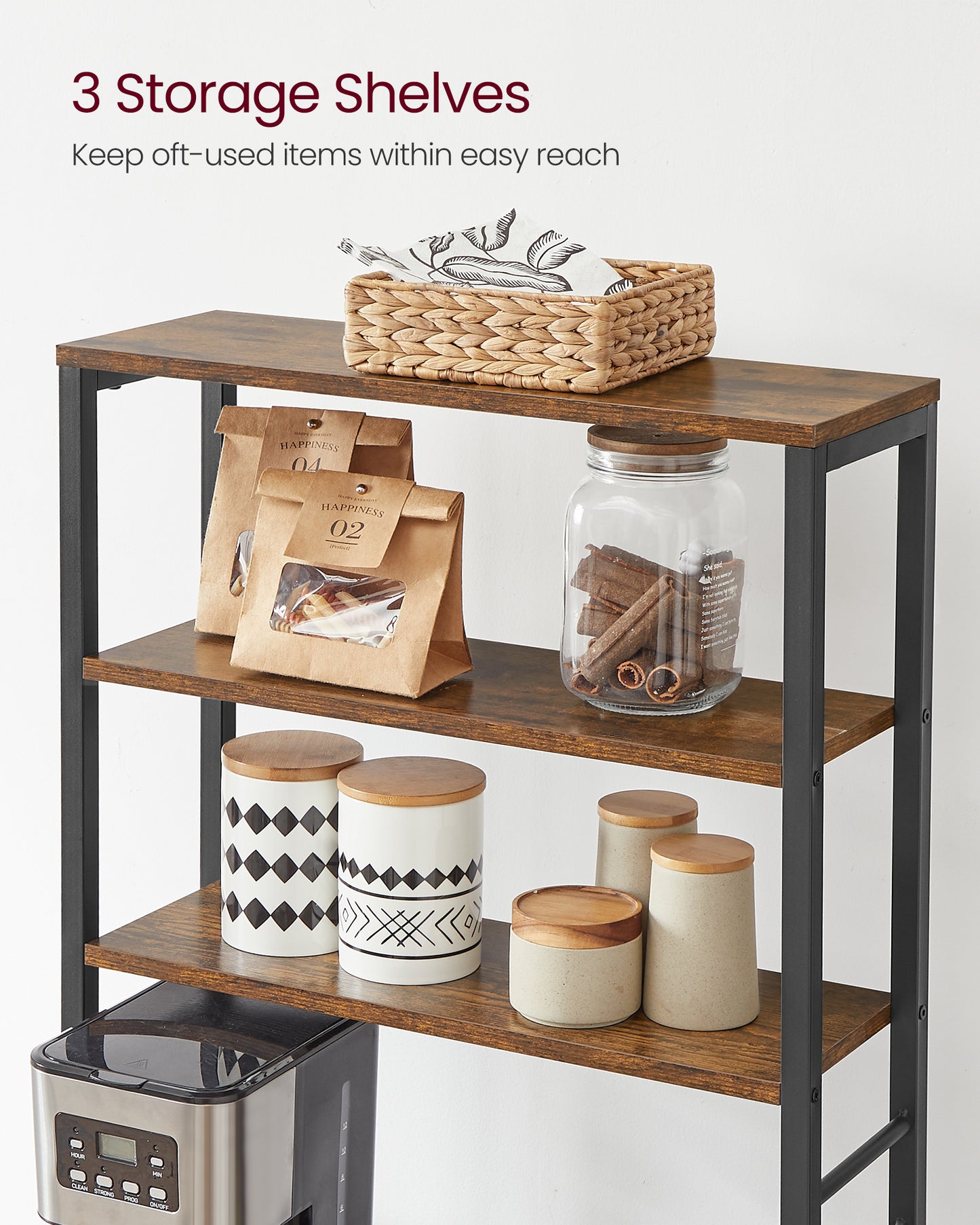 VASAGLE Baker's Rack Microwave Oven Stand Kitchen Tall Utility Storage Shelf 6 Hooks and Metal Frame Rustic Brown and Black