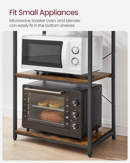 VASAGLE Baker's Rack Microwave Oven Stand Kitchen Tall Utility Storage Shelf 6 Hooks and Metal Frame Rustic Brown and Black