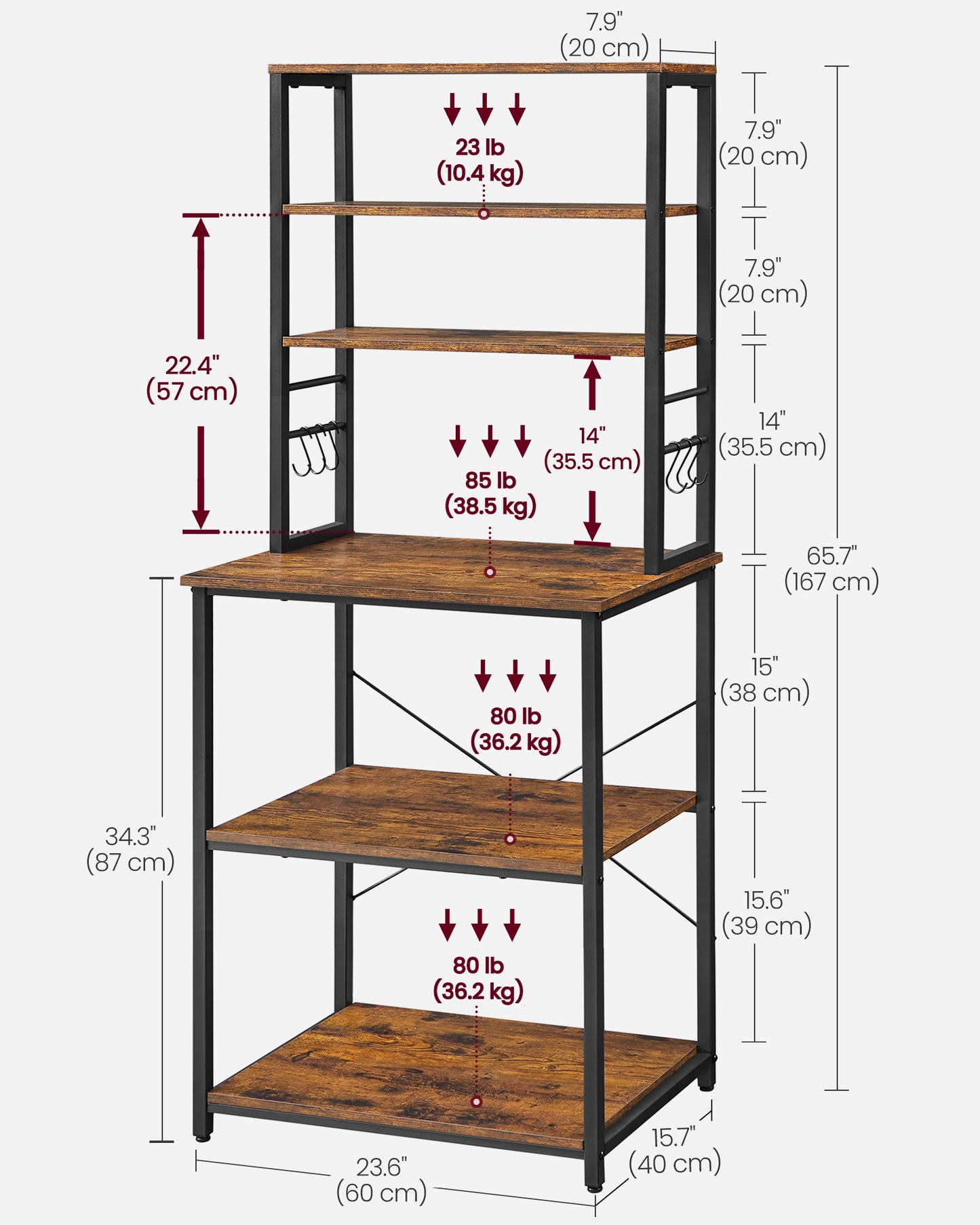 VASAGLE Baker's Rack Microwave Oven Stand Kitchen Tall Utility Storage Shelf 6 Hooks and Metal Frame Rustic Brown and Black