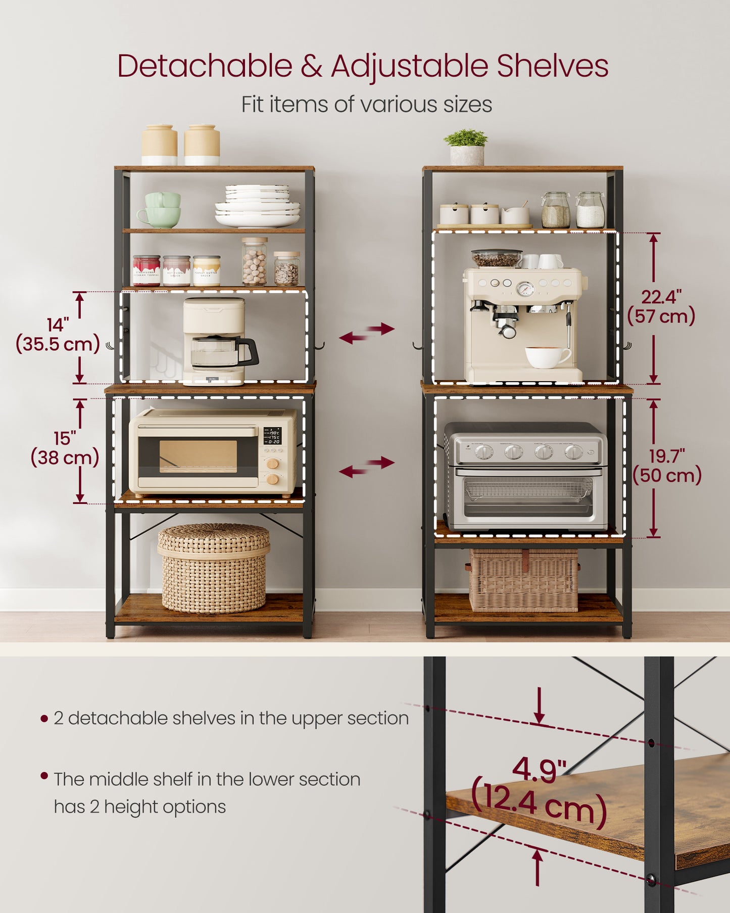 VASAGLE Baker's Rack Microwave Oven Stand Kitchen Tall Utility Storage Shelf 6 Hooks and Metal Frame Rustic Brown and Black