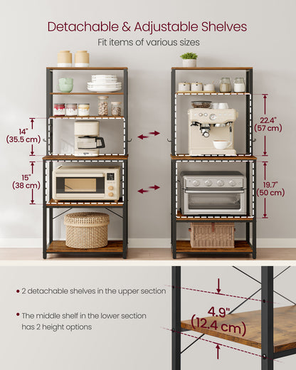Coffee Bar, Bakers Rack for Kitchen with Storage, 6-Tier Kitchen Shelves with 6 Hooks, Microwave Stand, Industrial, Rustic Brown and Black