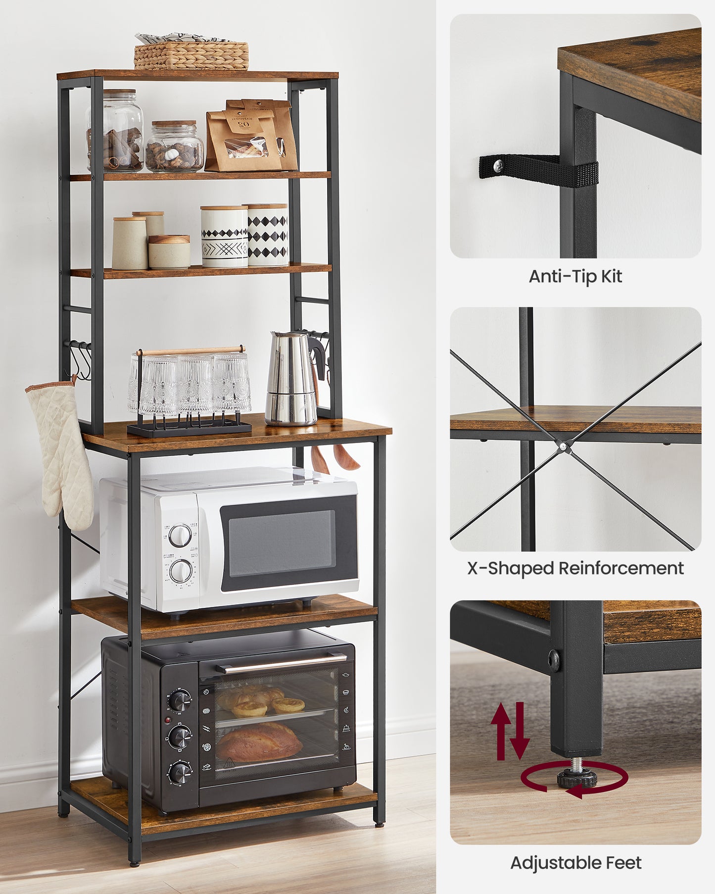 VASAGLE Baker's Rack Microwave Oven Stand Kitchen Tall Utility Storage Shelf 6 Hooks and Metal Frame Rustic Brown and Black