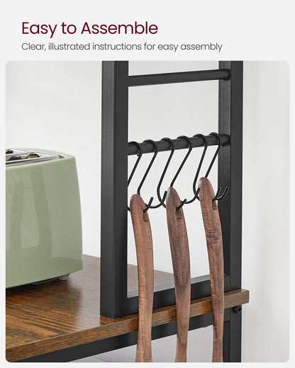 VASAGLE Baker's Rack Microwave Oven Stand Kitchen Tall Utility Storage Shelf 6 Hooks and Metal Frame Rustic Brown and Black