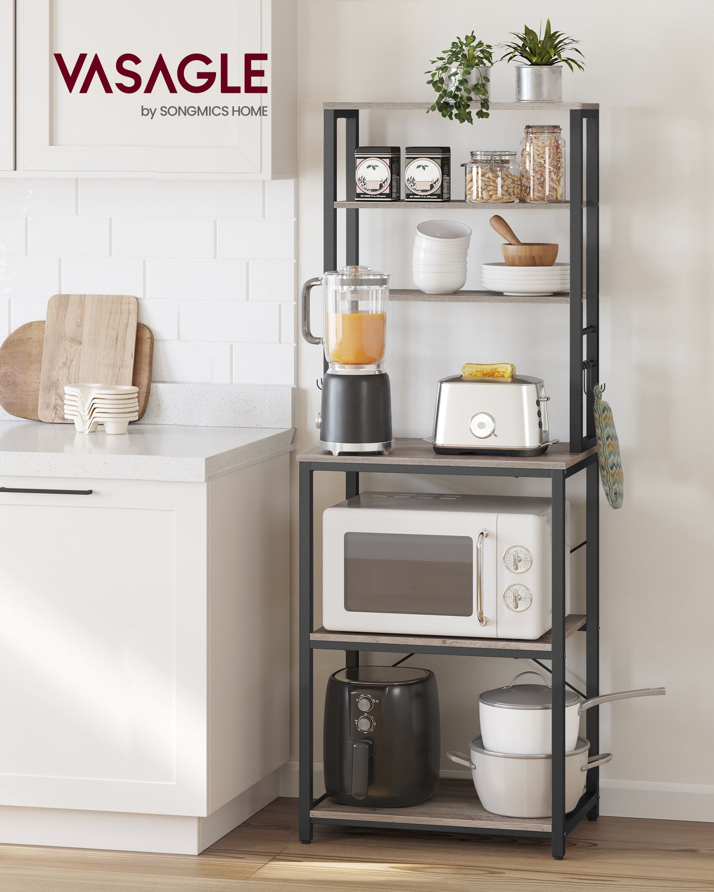 Coffee Bar, Bakers Rack for Kitchen with Storage, 6-Tier Kitchen Shelves with 6 Hooks, Microwave Stand, Industrial, Greige