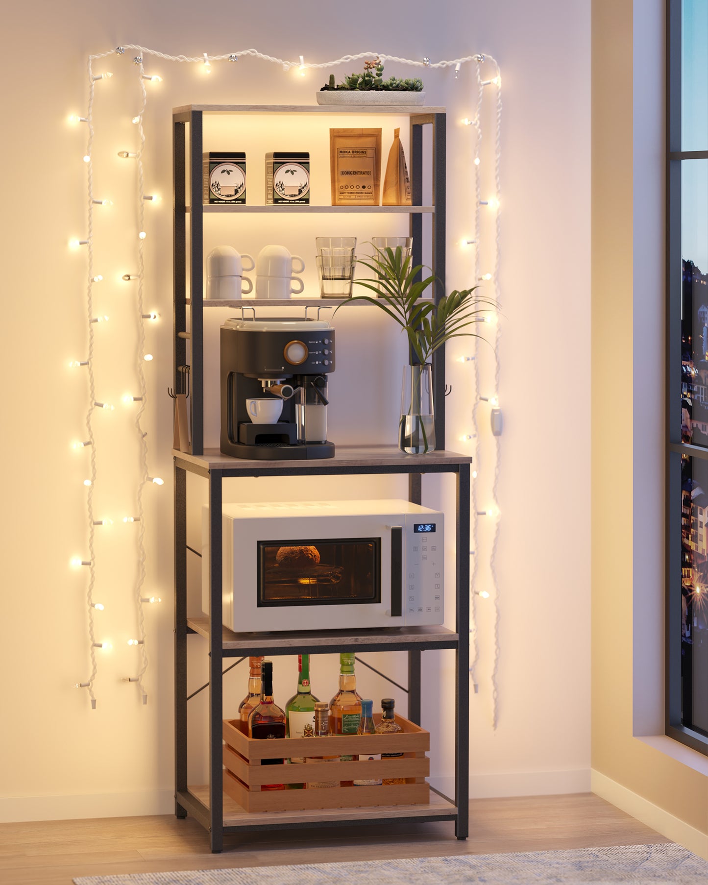 Coffee Bar, Bakers Rack for Kitchen with Storage, 6-Tier Kitchen Shelves with 6 Hooks, Microwave Stand, Industrial, Greige