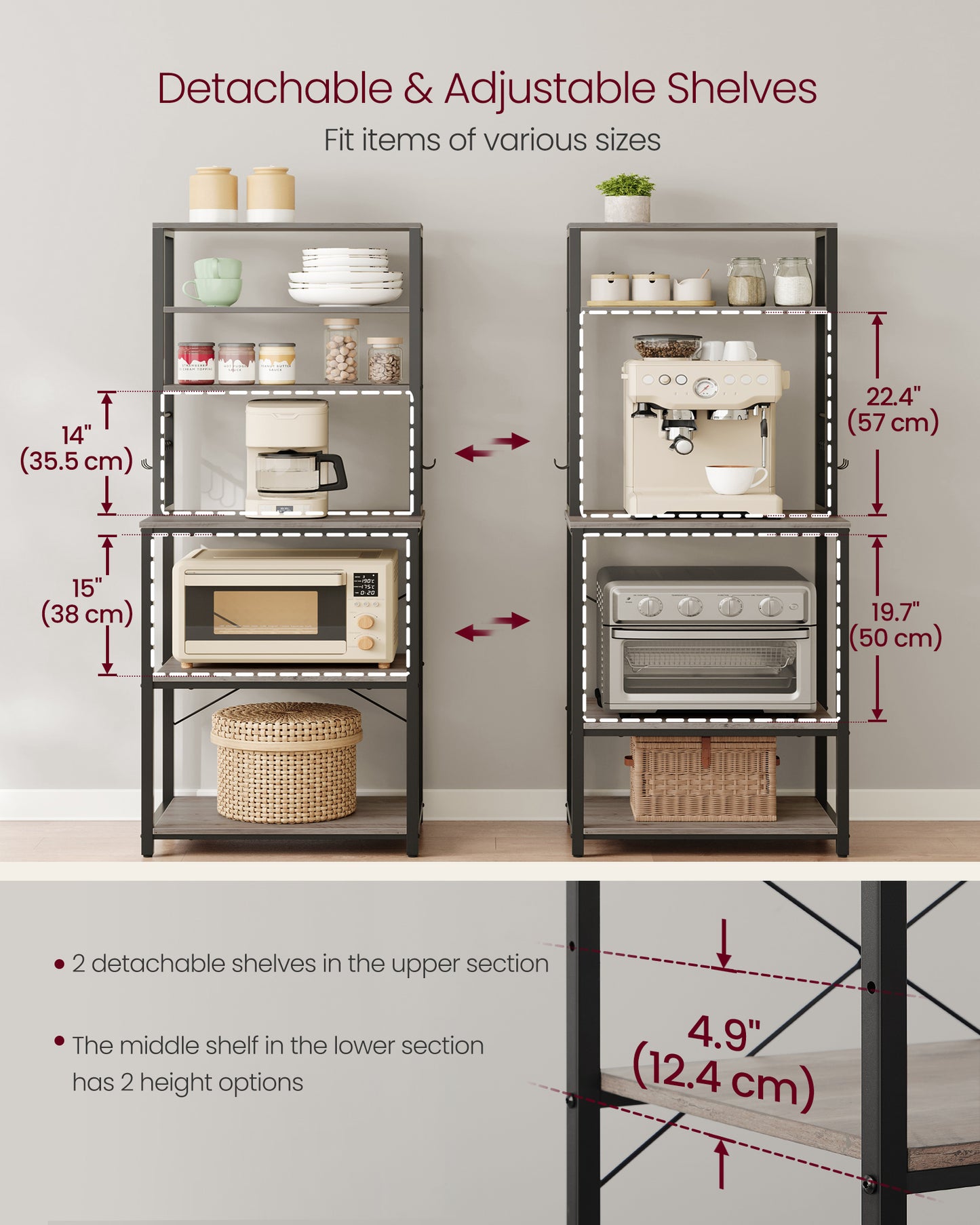 Coffee Bar, Bakers Rack for Kitchen with Storage, 6-Tier Kitchen Shelves with 6 Hooks, Microwave Stand, Industrial, Greige
