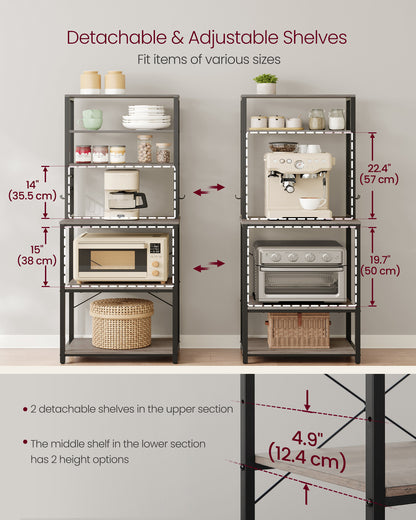 Coffee Bar, Bakers Rack for Kitchen with Storage, 6-Tier Kitchen Shelves with 6 Hooks, Microwave Stand, Industrial, Greige