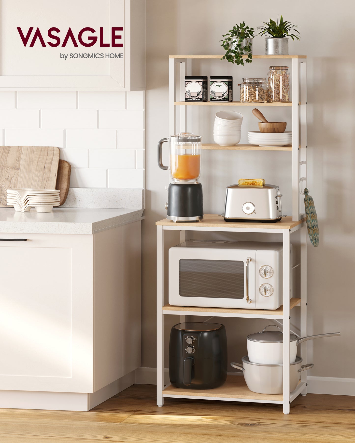 Coffee Bar, Bakers Rack for Kitchen with Storage, 6-Tier Kitchen Shelves with 6 Hooks, Microwave Stand, Industrial, Oak Color and White