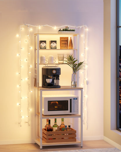 Coffee Bar, Bakers Rack for Kitchen with Storage, 6-Tier Kitchen Shelves with 6 Hooks, Microwave Stand, Industrial, Oak Color and White