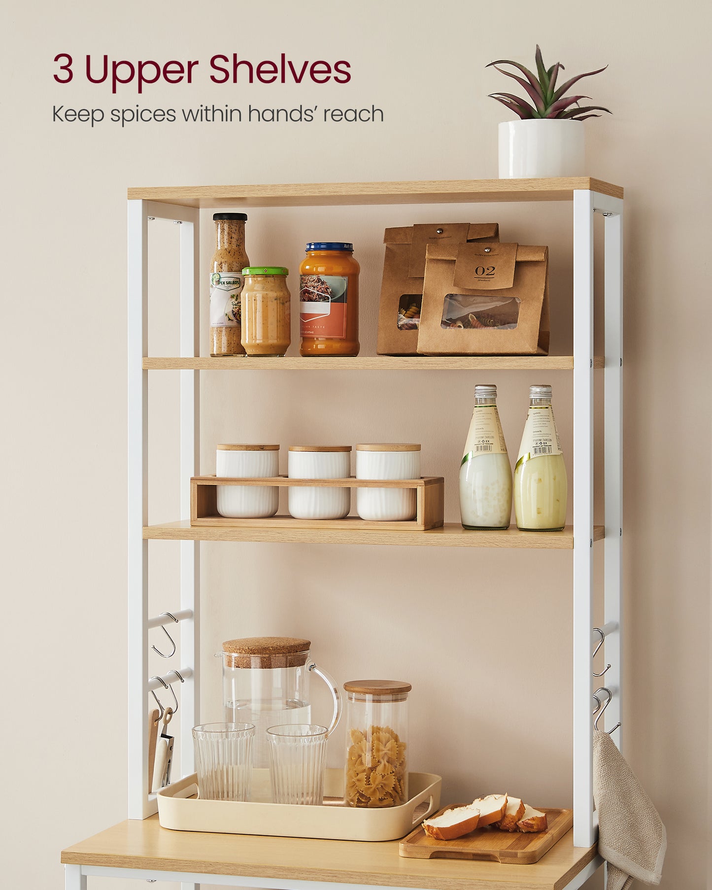 Coffee Bar, Bakers Rack for Kitchen with Storage, 6-Tier Kitchen Shelves with 6 Hooks, Microwave Stand, Industrial, Oak Color and White