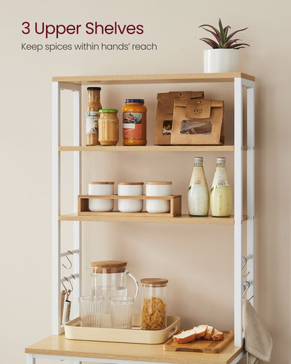 Coffee Bar, Bakers Rack for Kitchen with Storage, 6-Tier Kitchen Shelves with 6 Hooks, Microwave Stand, Industrial, Oak Color and White