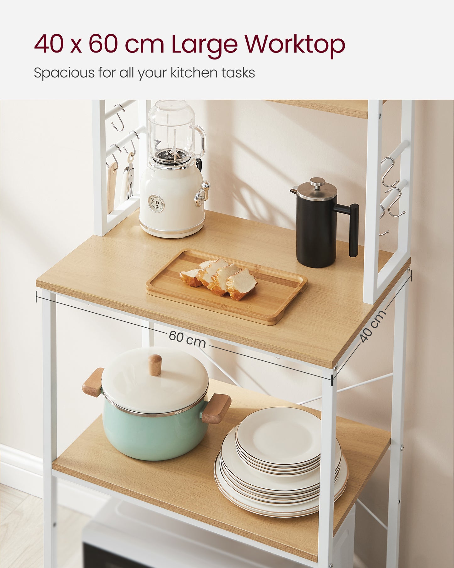 Coffee Bar, Bakers Rack for Kitchen with Storage, 6-Tier Kitchen Shelves with 6 Hooks, Microwave Stand, Industrial, Oak Color and White