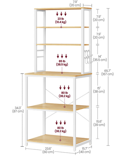 Coffee Bar, Bakers Rack for Kitchen with Storage, 6-Tier Kitchen Shelves with 6 Hooks, Microwave Stand, Industrial, Oak Color and White