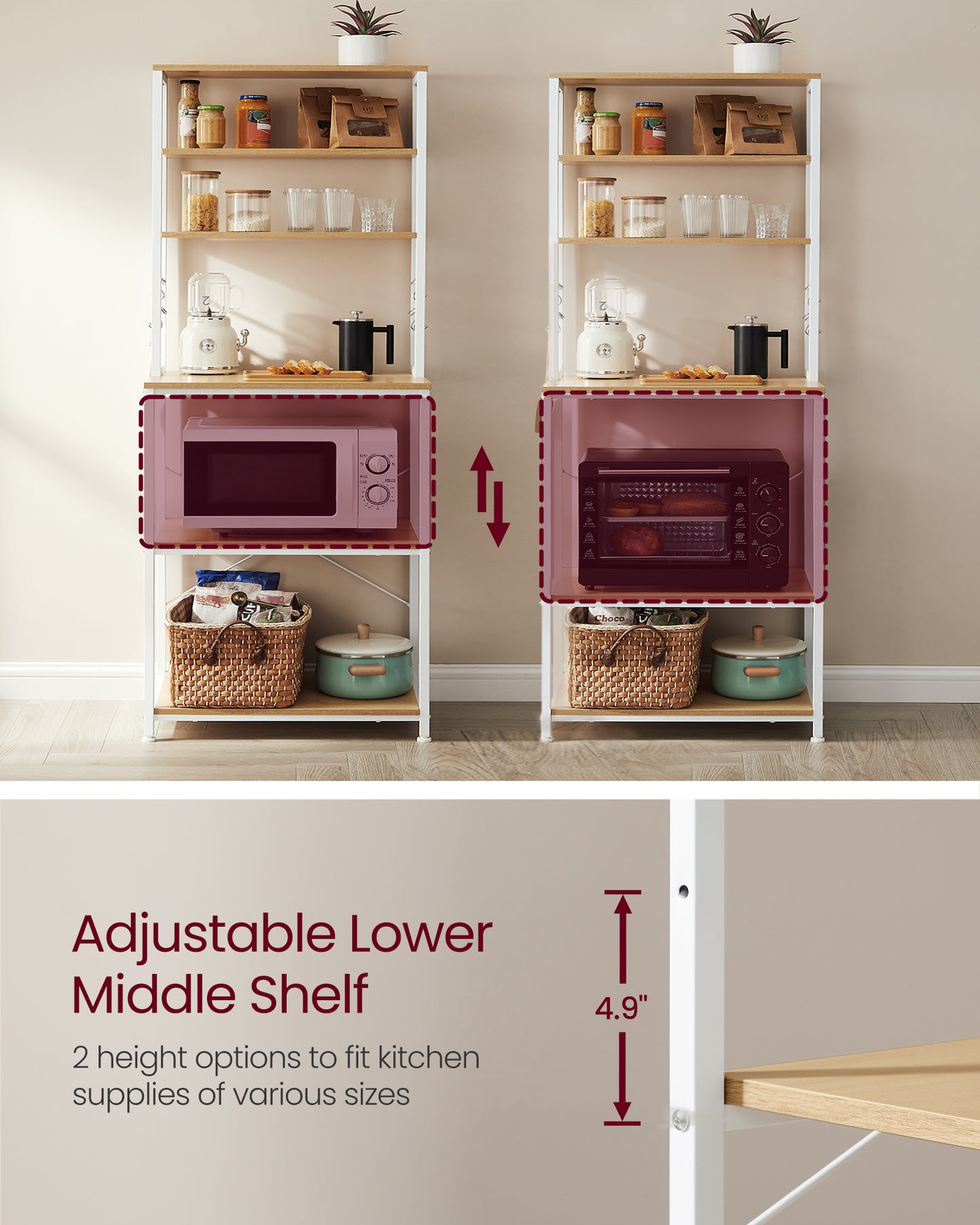 Coffee Bar, Bakers Rack for Kitchen with Storage, 6-Tier Kitchen Shelves with 6 Hooks, Microwave Stand, Industrial, Oak Color and White