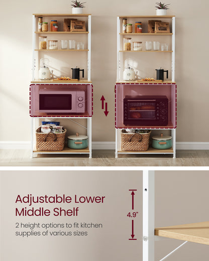 Coffee Bar, Bakers Rack for Kitchen with Storage, 6-Tier Kitchen Shelves with 6 Hooks, Microwave Stand, Industrial, Oak Color and White