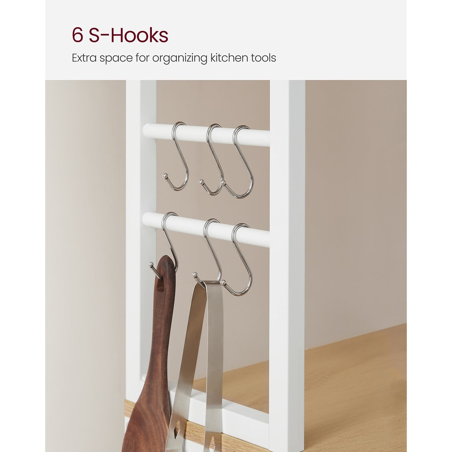 Coffee Bar, Bakers Rack for Kitchen with Storage, 6-Tier Kitchen Shelves with 6 Hooks, Microwave Stand, Industrial, Oak Color and White