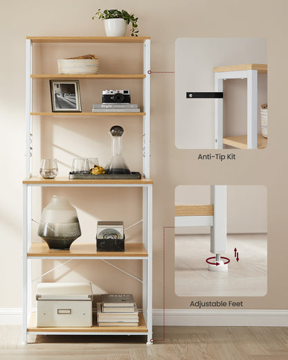 VASAGLE Baker's Rack Microwave Oven Stand Kitchen Tall Utility Storage Shelf 6 Hooks and Metal Frame, Oak Color and White